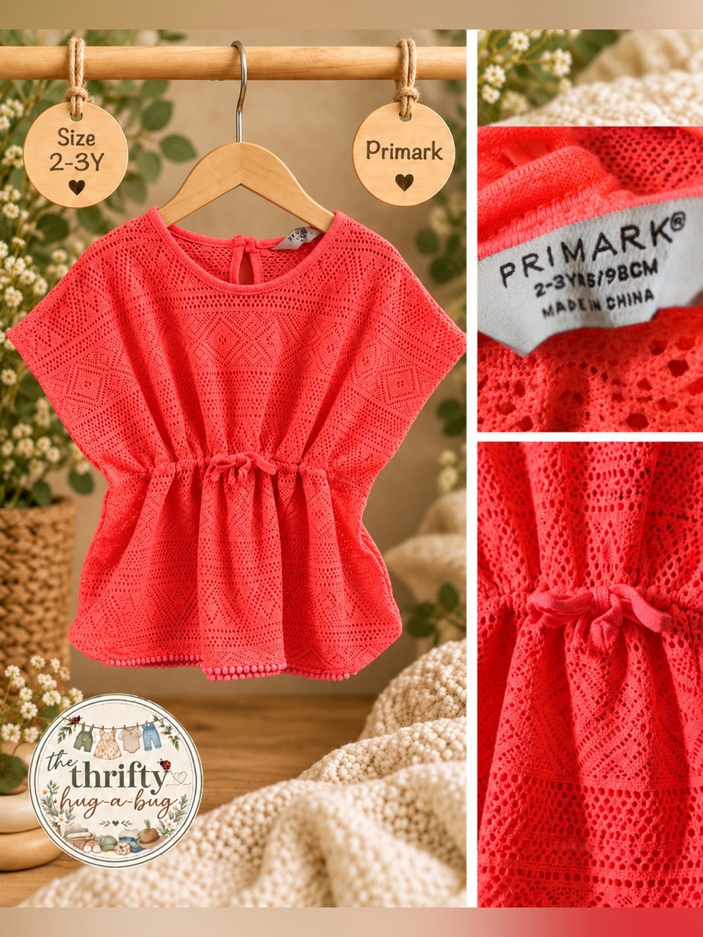 Primark Girls Neon Coral Crochet Cover-Up Top 2–3Y | Beach & Vacation
